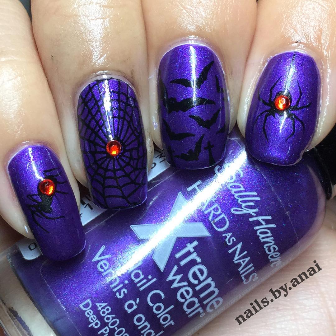 Bat and Spider Web Design Blue Nails for Halloween Party