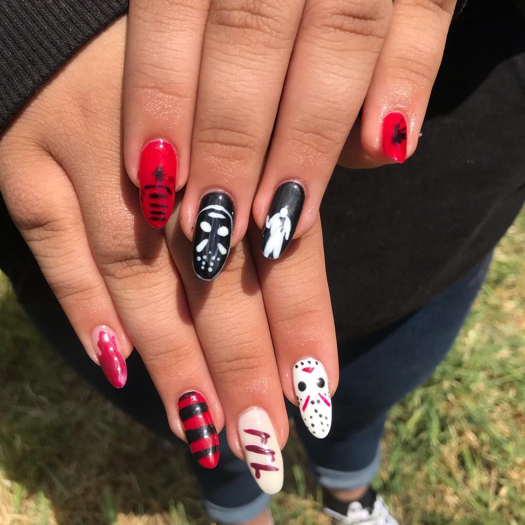 Haunted Halloween Ghost and Monsters Painted Nail Art Design