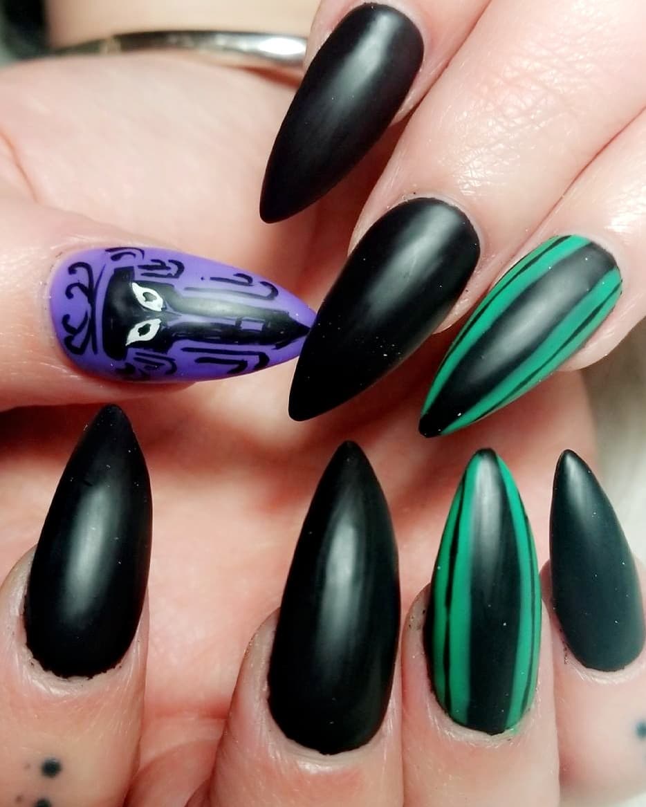 Pure Black Stiletto Nails with Green Nail Art