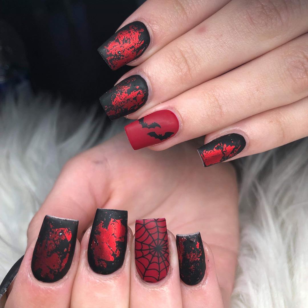 Wonderful Red and Black Nail Art with Spider Web Design for Halloween