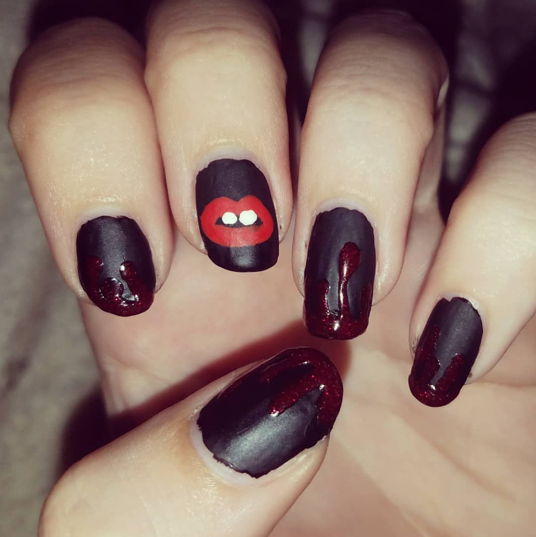 Black Blood And Mouth Nail Art Design