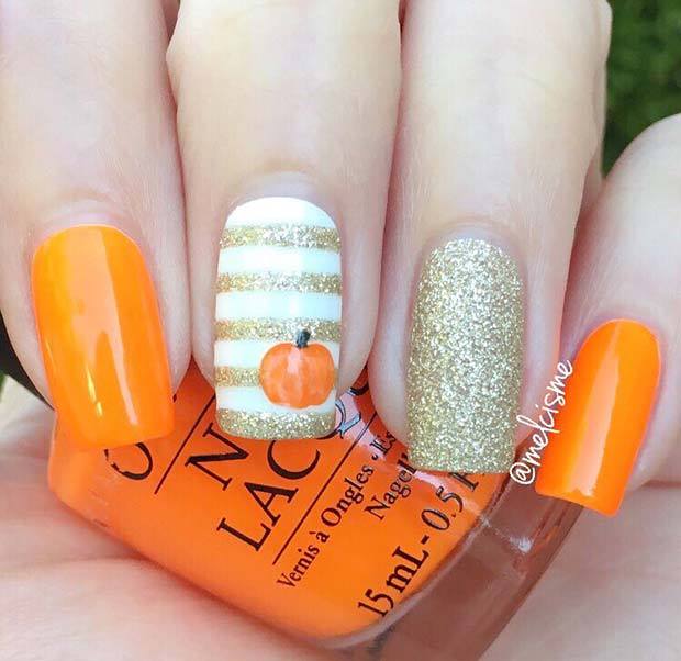 Orange And Glittering Nail Art Ideas