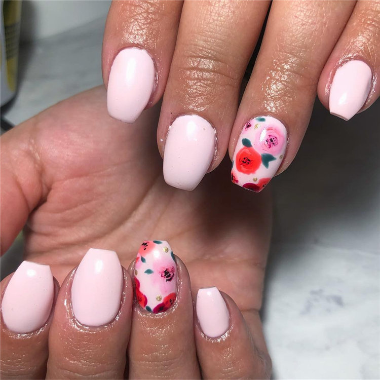 Pink Nails with Spring Floral Accents