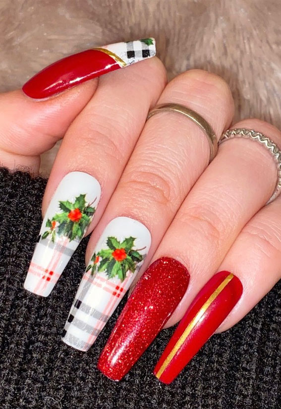 white tartan and red nail design, red plaid christmas nails, christmas nail designs 2020, christmas nails, christmas nails 2020, red festive nails, red nail designs for christmas, easy christmas nail art, red christmas nail designs 2020, red nails, festive nails, red christmas nails