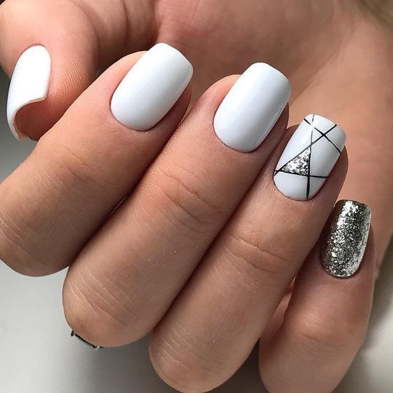 White and Silver Tips with Geometric Design on Accent Tip