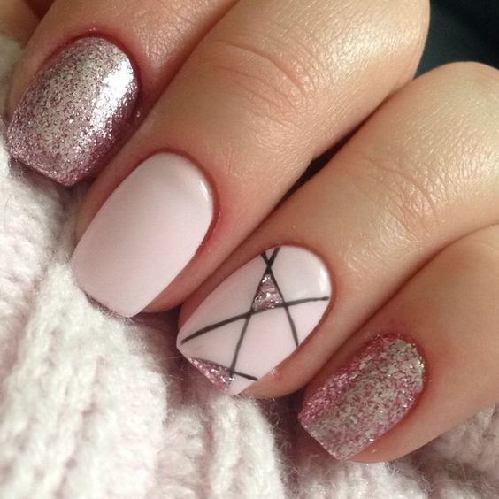 Pink Nails with White Geometric Accents