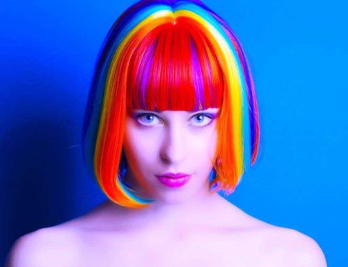 Rainbow curly hair bob with bangs