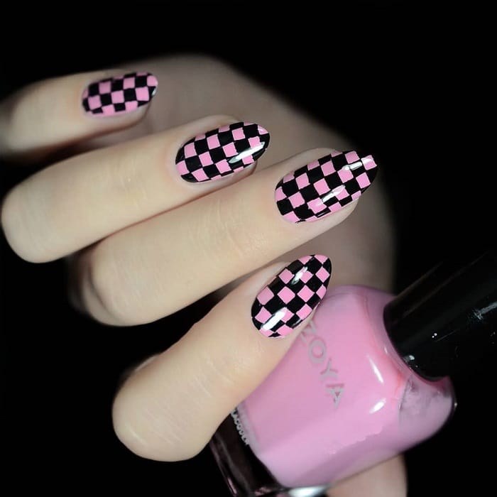pink and black checkered nail design