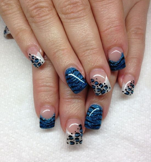 Blue French Tip Leopard Print Nail Design