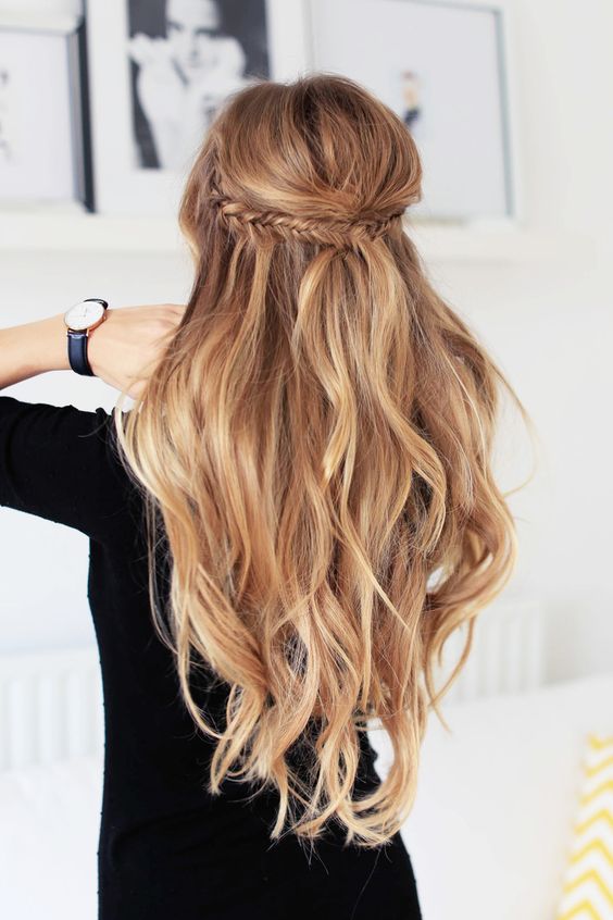 Dutch braided half updo hairstyle with long hair down for those who don't want any waves
