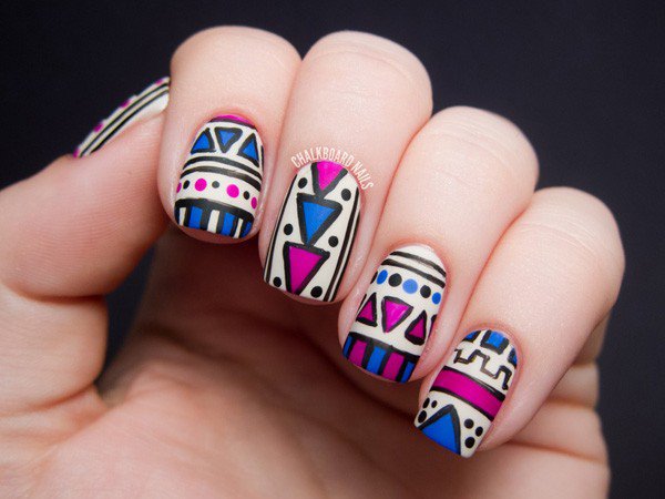White and Blue Tribal Nail Design