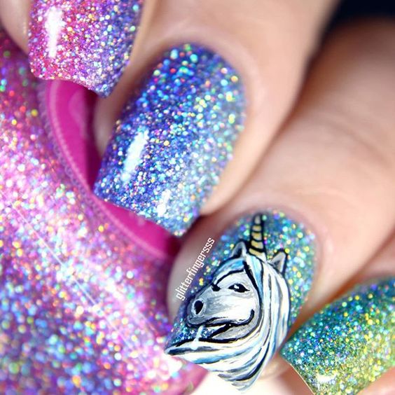 Black and White Unicorn on Glitter Nails