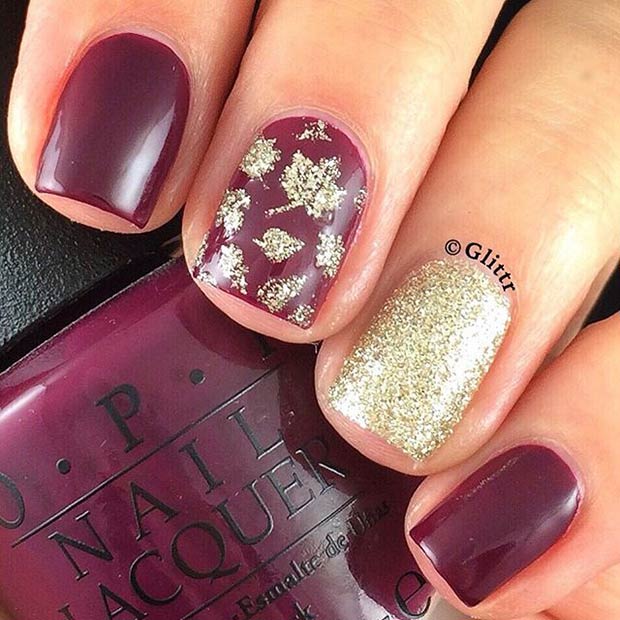 Red wine gold manicure