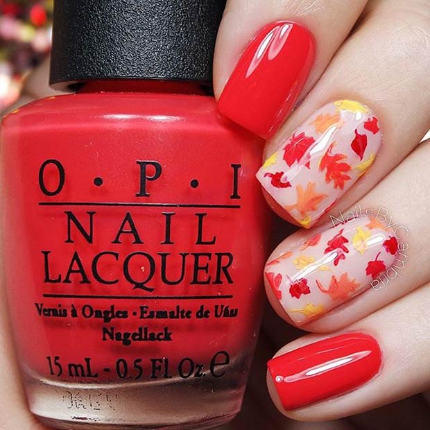 Bright red fall leaves mani