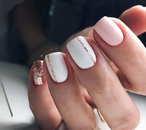 blush nails with metallic touches - color block and an accent nail