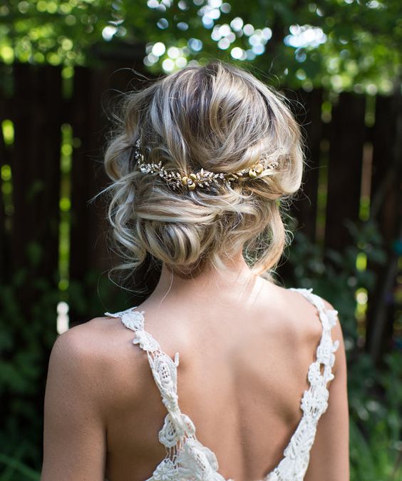 messy hair updo with a crystal headband