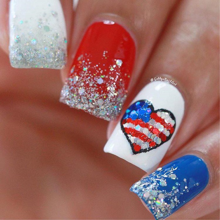 4th Of July Nail Inspo to Celebrate Independence Day with Style red white blue nails glitter tips