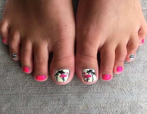 Flamingo and Palm Tree Design Toe Nail Art