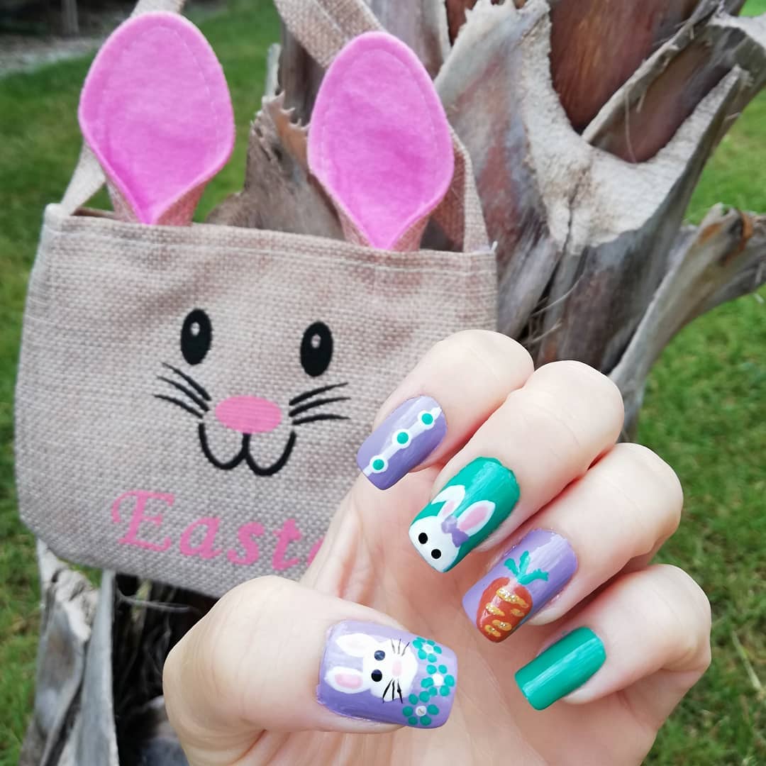 Carrot and Bunny Design Amazing Nail Art for Long Squared Nails