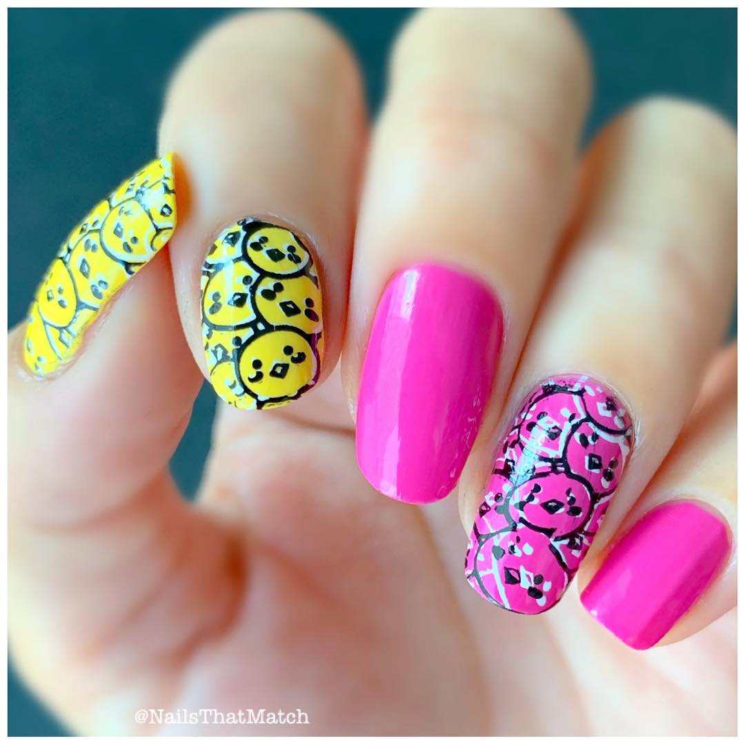 Fantastic Pink and Yellow Nail Art with Chick Design
