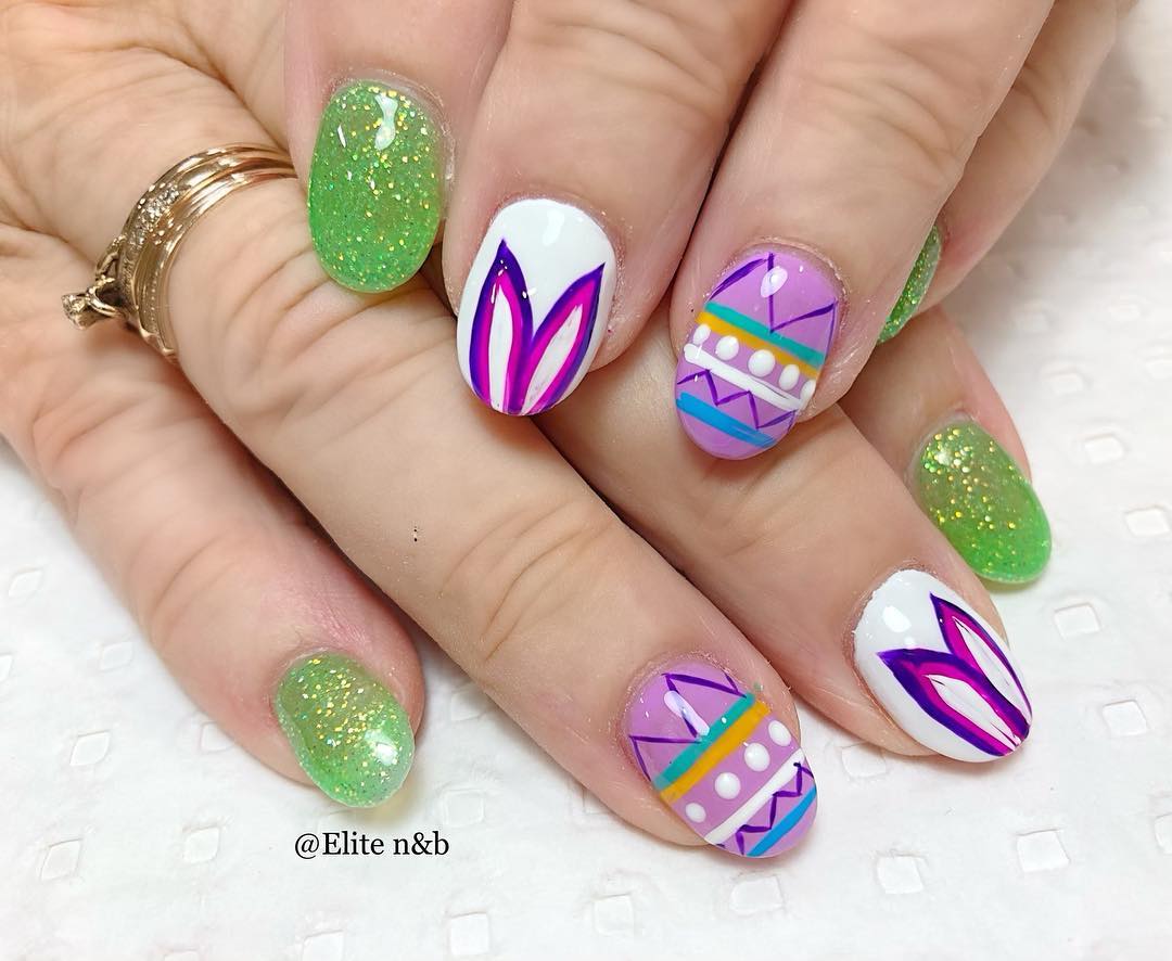 Lovely and Colorful Bunny Ears Design Nail Art and Green Exceptional Nails