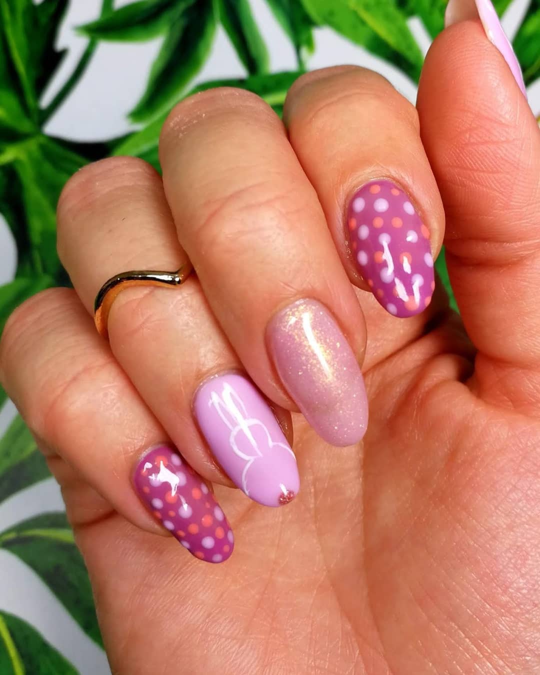 Polka Dotted Design Purple Nails with Words Painted