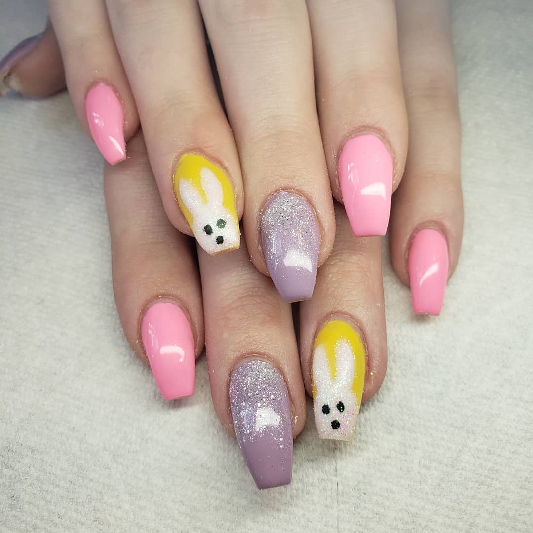 Purple and Pink Shimmery Nails with Bunny Nail Art