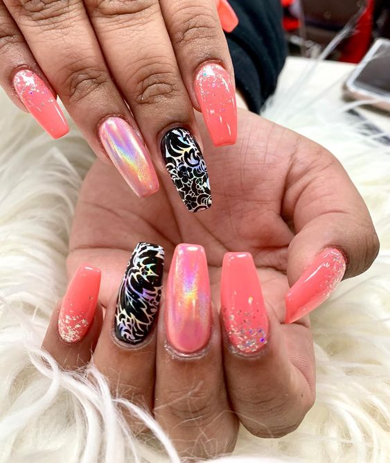 Awesome Pink Coffin Nails with Exceptional Black Floral Design and Beads Decorated