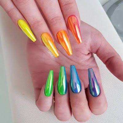 Cute Rainbow Inspired Long Coffin Nails for Spring
