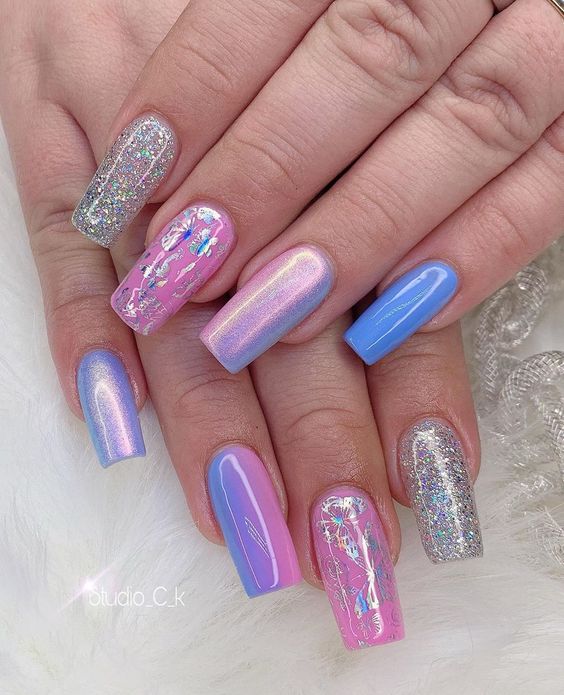 Exceptional Silver Nail with Pink and Blue Nails
