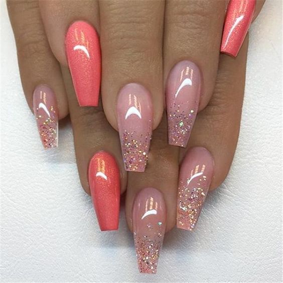Fabulous Pink and Light Pink Coffin Nails with Golden Shimmery Nail Art