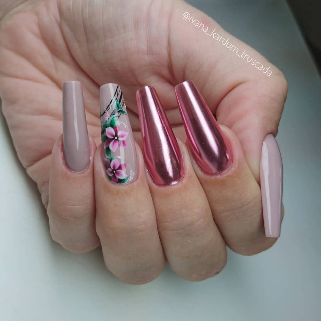 Long Coffin Nails with Floral and Metallic Pink Nail Art