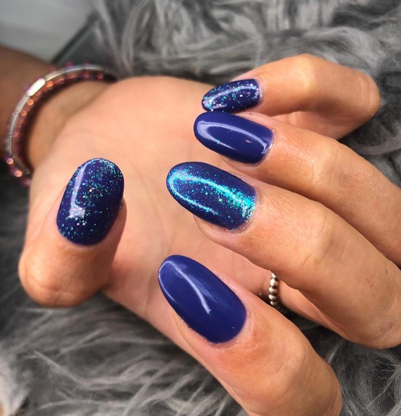 Royal Blue Long Nails with Glitter Touch
