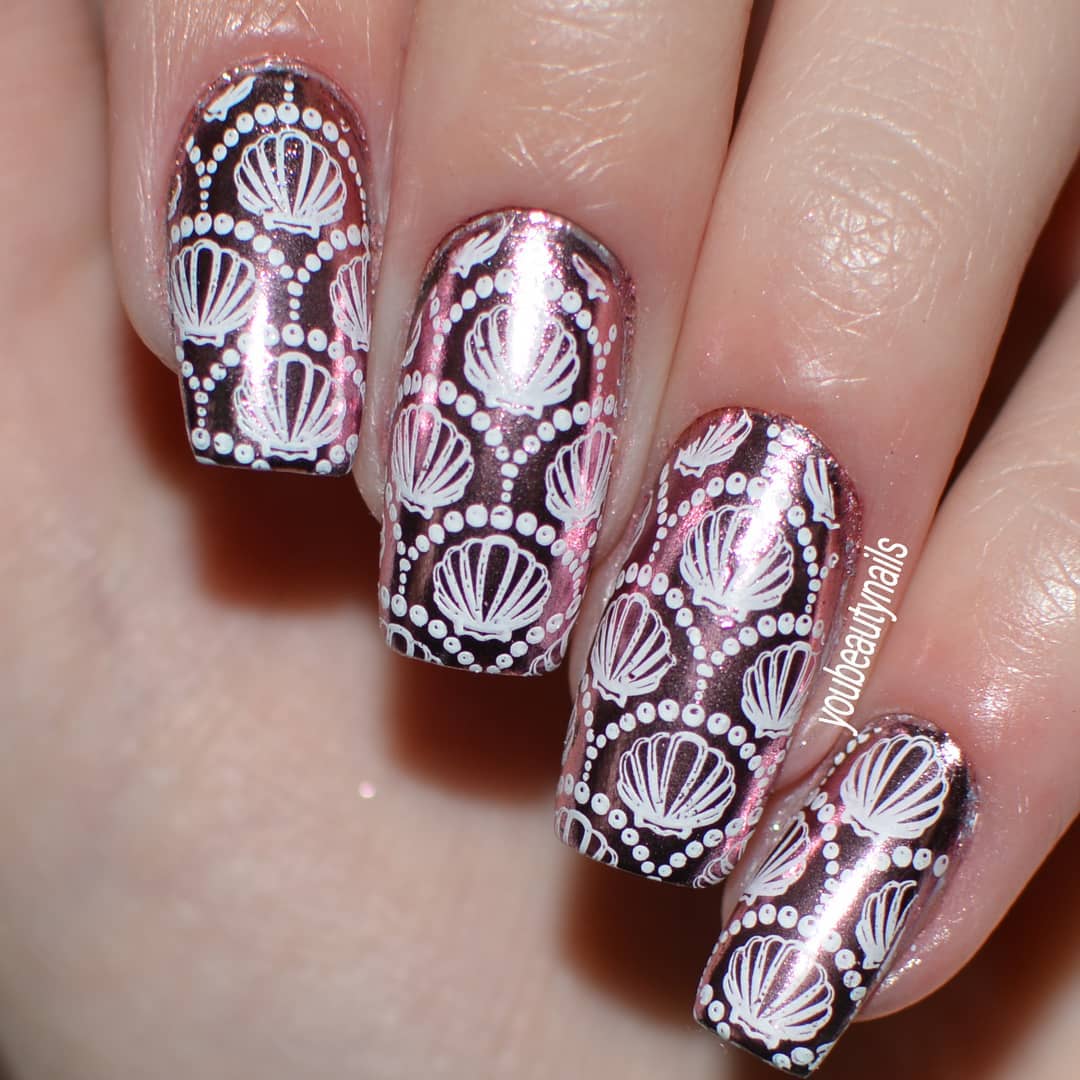 White Shells Design Purple Shimmery Nails