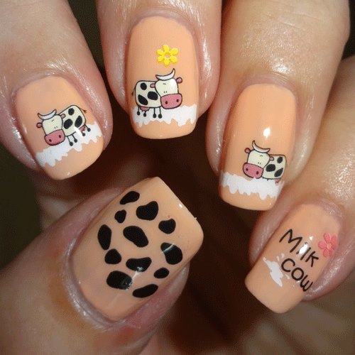 Cherry Nail Art with Cow Design