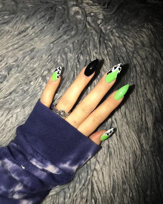 Green and Black Nail Color with Cow Nail Art