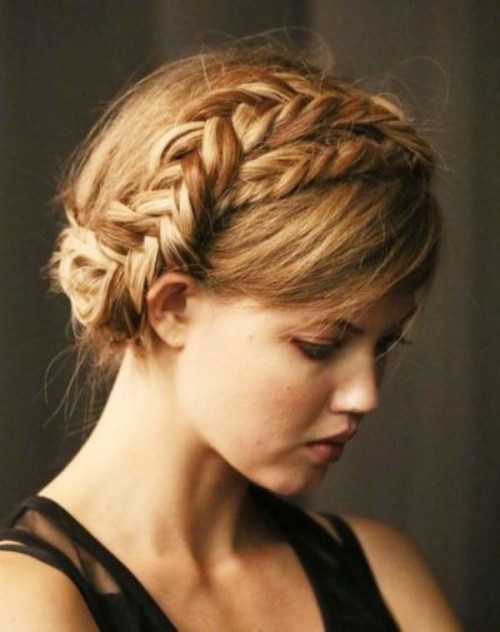 a wavy updo with side bangs is a chic and elegant idea that works for medium and long hair