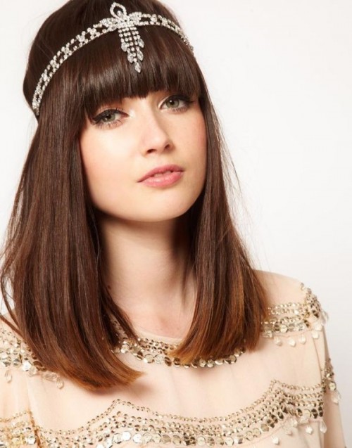 long waves down plus a sparkling hairpiece and side bangs is an elegant option