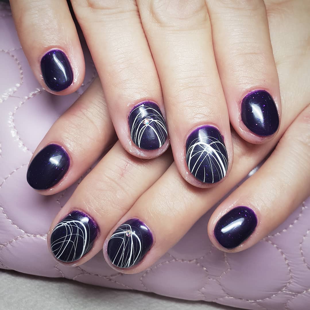 Halloween Inspired Black Nails with White Thread Design Nail Art
