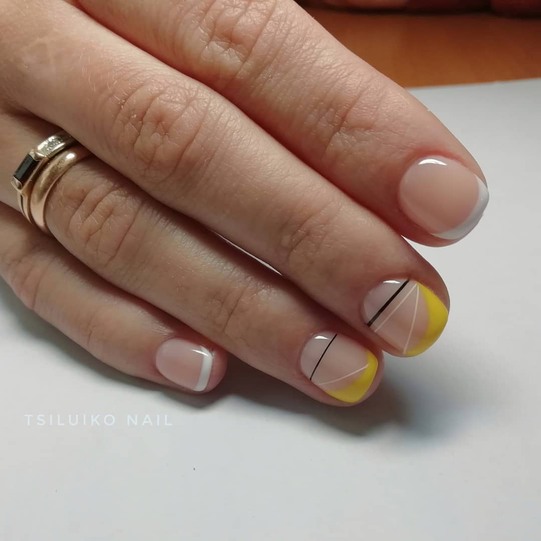 Neutral Short Nails with Yellow and White French Manicure