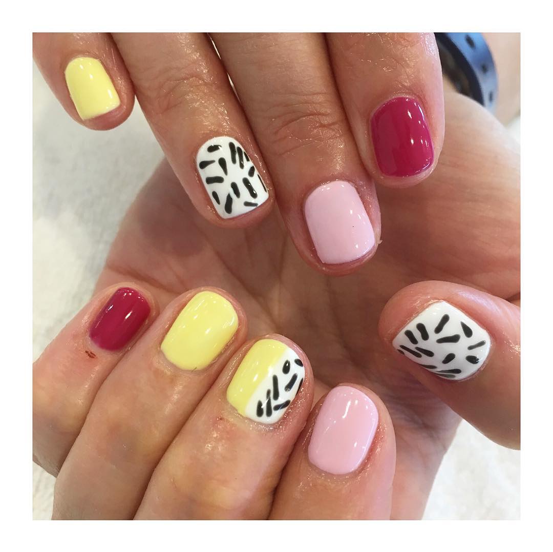 Pretty Yellow and Pink Nail Art for Squared Nails