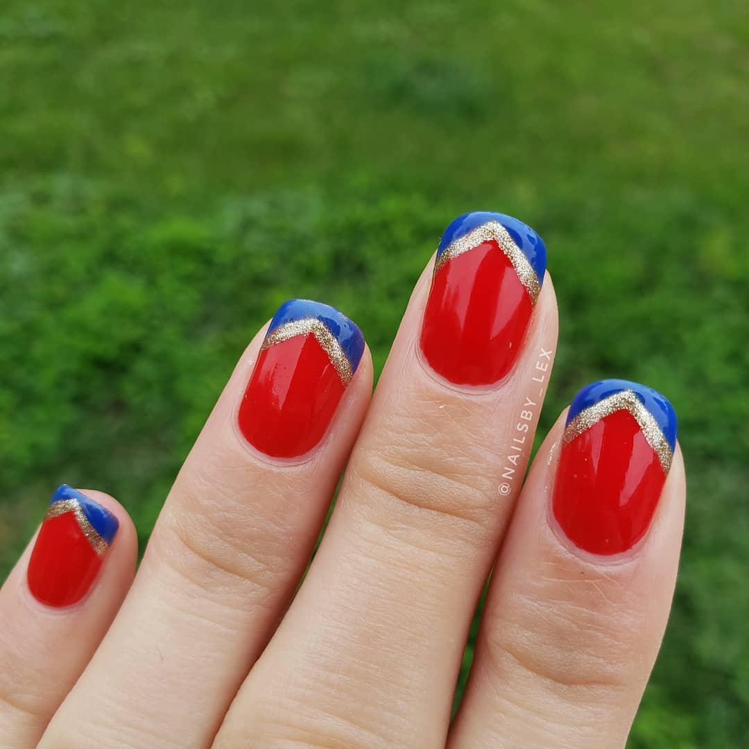 Wonderful Red Nails with Blue and Golden French Manicure