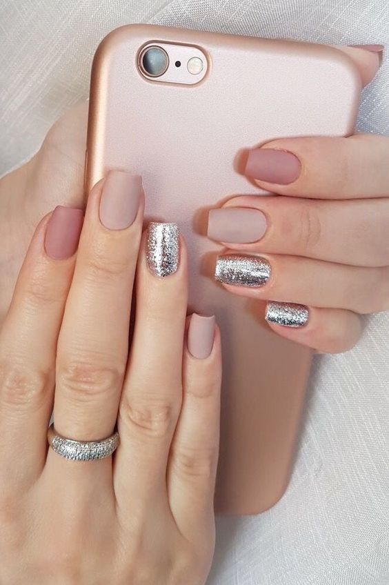 matte nude nails, nude and gold leaf marble nails are chic and elegant and look amazing