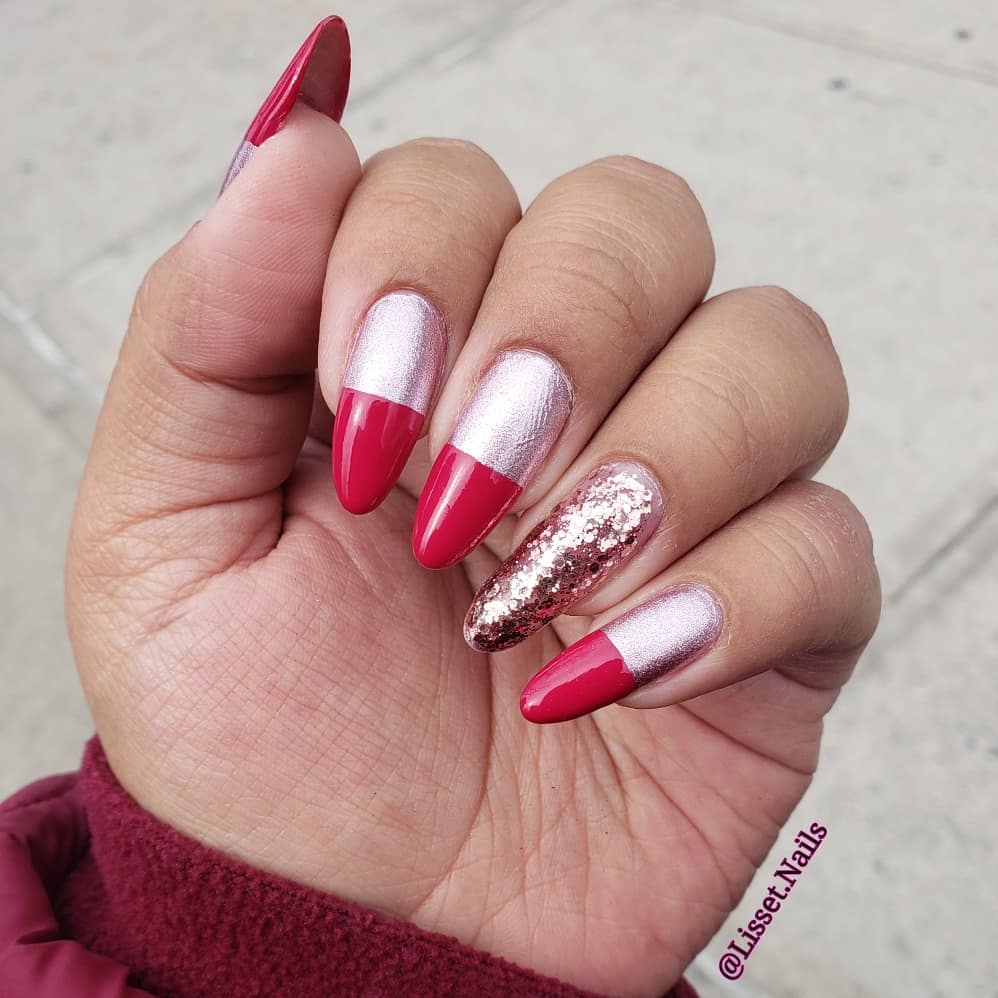 Alluring Pink Tips Nail Art with Shimmery Silver Design