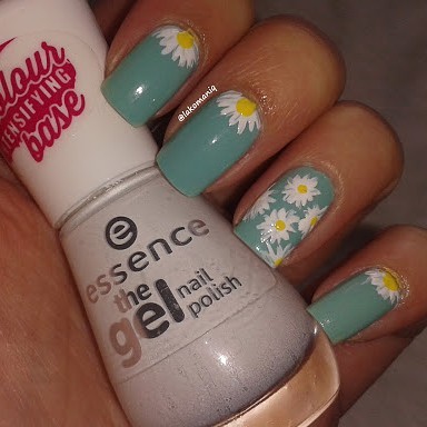 Amazing Blue Squared Nails with White Floral Design