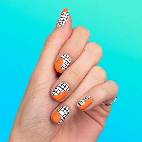 Check Design with Orange Tips for Medium Sized Nails