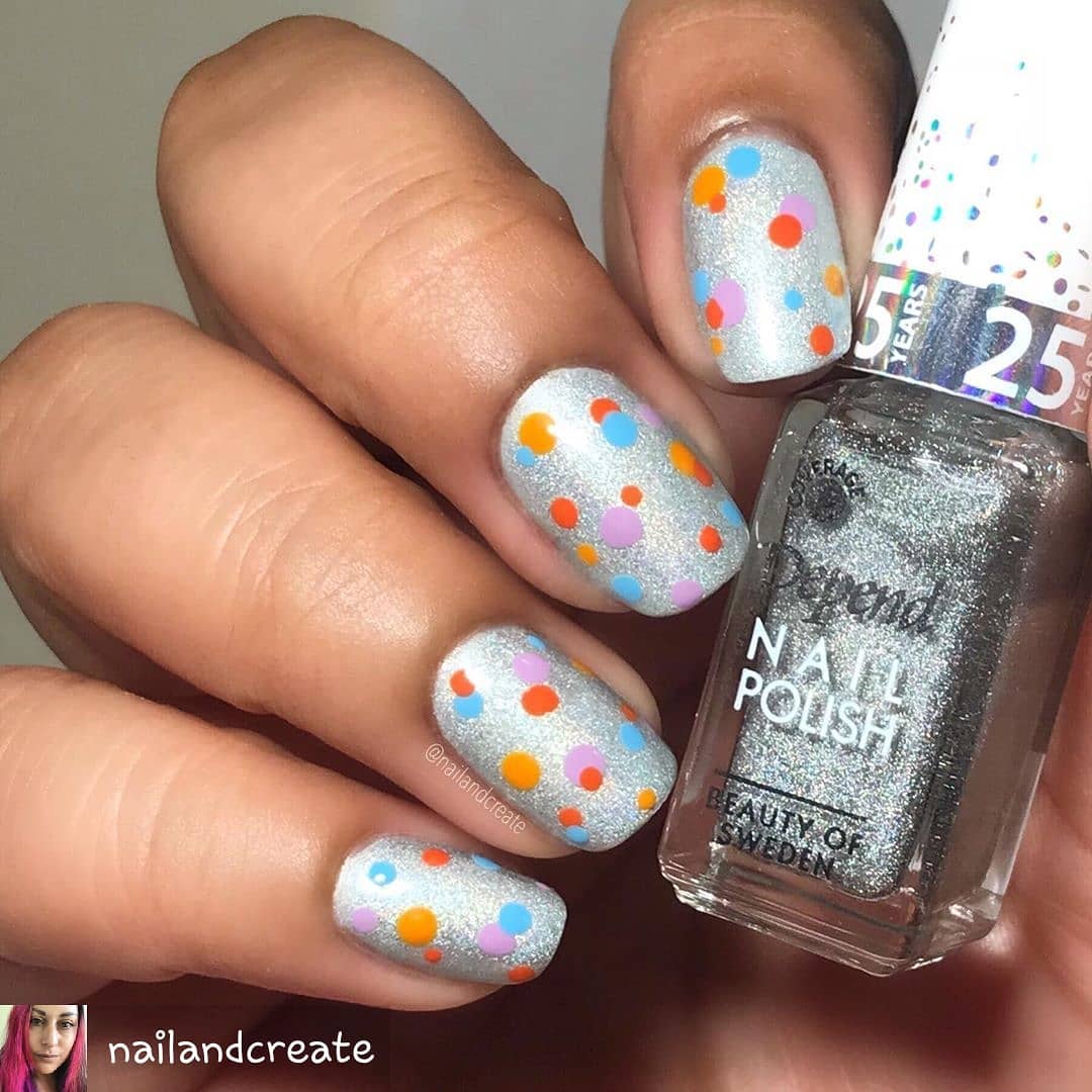 Colorful Polka Dotted Design Blue Shimmery Nails