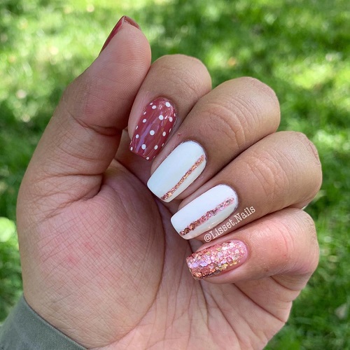 Glittery Pink and White Nail Art Design for Squared Nails