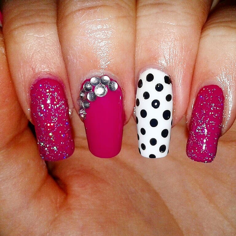 Glowing Shimmery Pink Nail Art for Long Square Nails with Exceptional Polka Dotted Black Nail