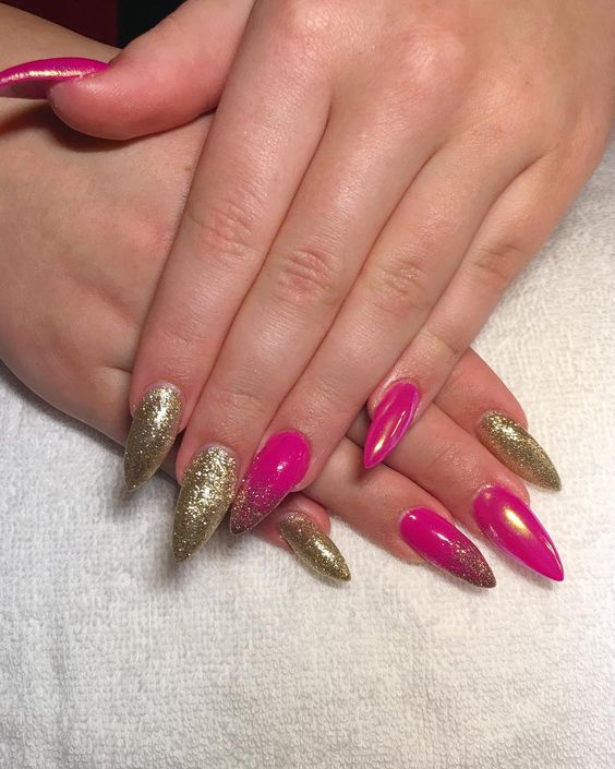 Pretty Golden and Pink Stiletto Nails